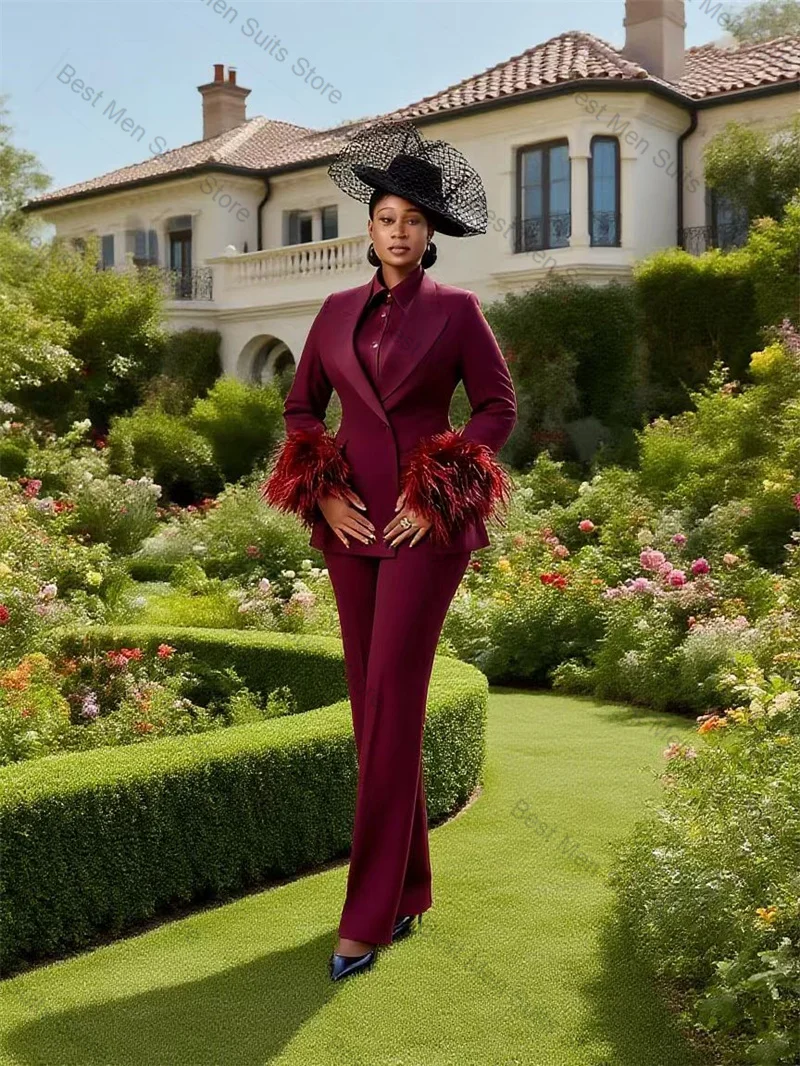ชุดสูทผู้หญิงสีเบอร์กันดี 2 ชิ้น เสื้อเบลเซอร์+กางเกงขายาว หรูหรา ประดับขนนก ชุดทำงานทางการ แจ็คเก็ตสั่งตัด ชุดทักซิโด้สำหรับงานแต่งงาน เสื้อโค้ทสำหรับงานพรอม