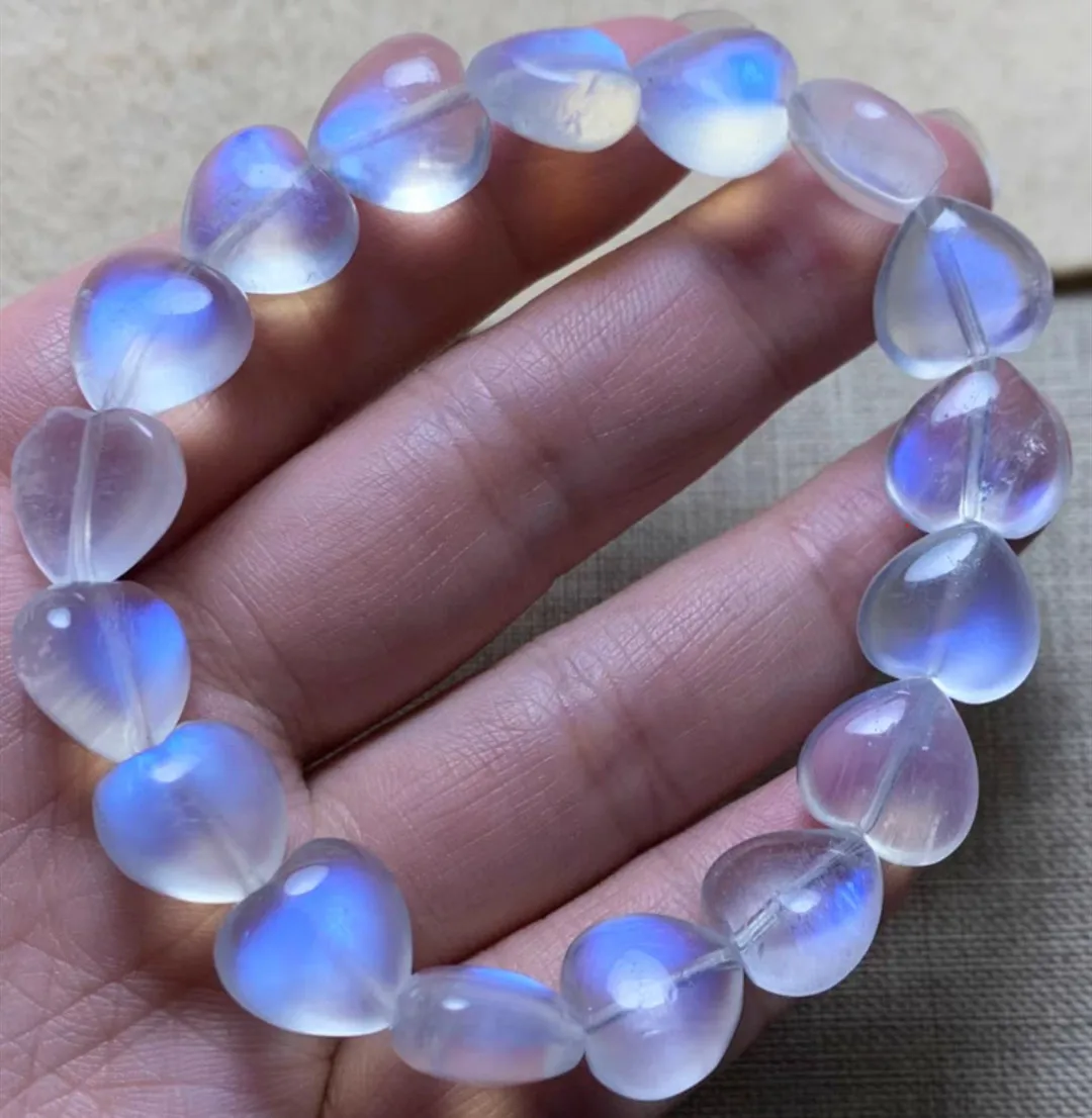 Natural Blue Light Moonstone Clear Heart Love Beads Bracelet 12x12mm Stretch Women Fashion Jewelry Genuine Moonstone AAAAA