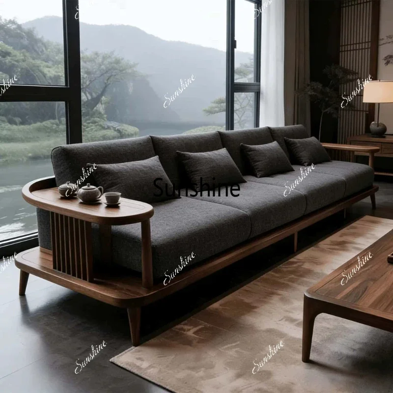 YNew Chinese solid wood sofa modern simple home light luxury high-end sense straight row
