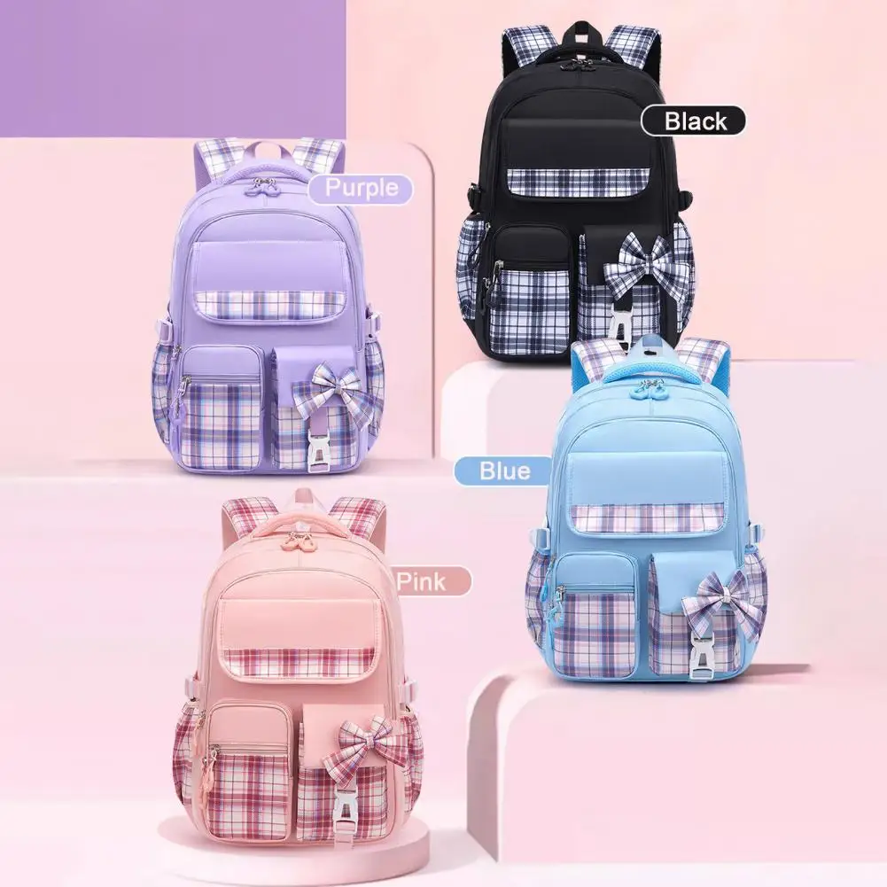 

Children School Bag Plaid Print Elementary School Bag with Bow Decor Adjustable Shoulder Strap for Students Capacity Waterproof