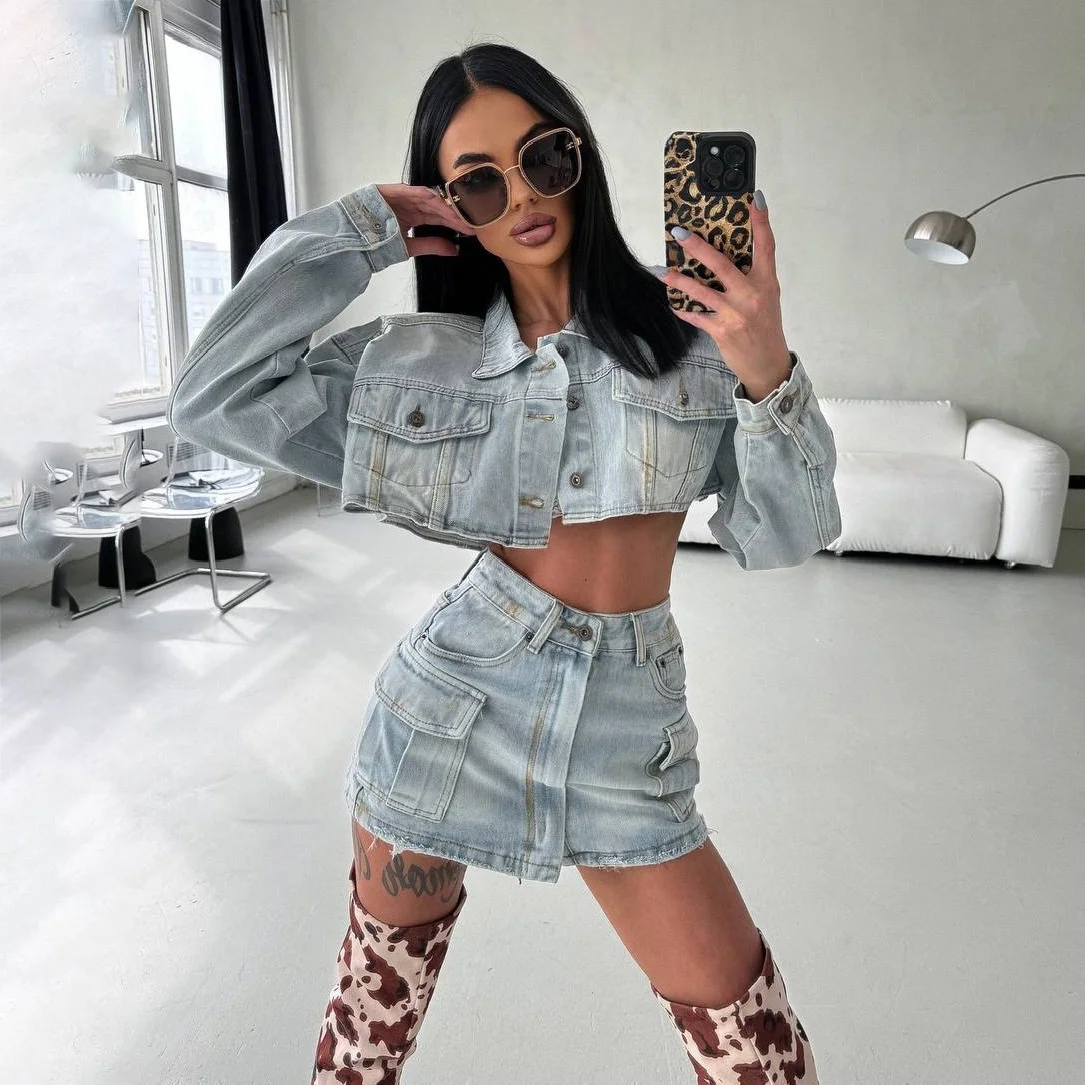 American style spicy girl short crop exposed denim set, women's two-piece set, spring new item, deconstructive design, half