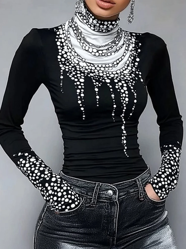 Gymystars 2025 New Black Skinny Long Sleeves T-shirt Women's Printed High-Neck Tops Spring Slim Fit Slight Strech Bottom Shirt