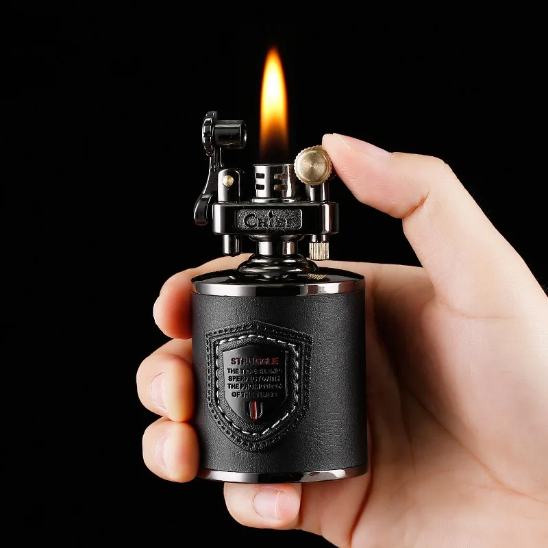 `Chief Retro Table Lighter PU Leather Surface Flint Ignition Metal Desktop Lighter Collectible Gift For Men`