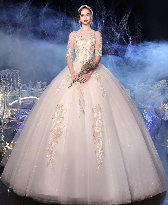 Romantic V Neck Half Sleeve Lace Bridal Gown Gold Floral Glitter Tulle Corset Champagne Wedding Dress Robe De Mariee Custom Plus