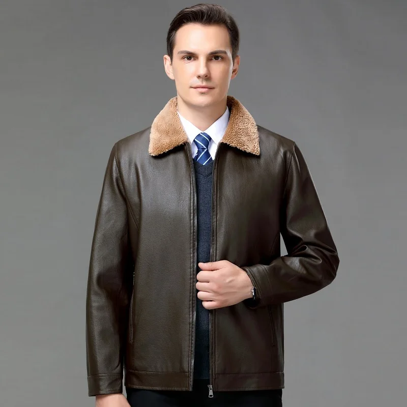 

Haining men's leather jacket autumn and winter plus velvet fur coat lapel enlarged men's leather jacket authentic