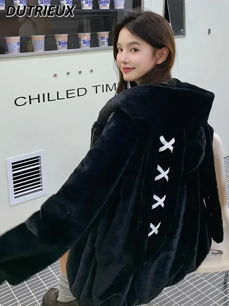 Solid Color Hooded Loose Imitation Fur Coat Sweet Cute Original Style Women's Winter Imitation Fox Hair Punk Japanese Jacket