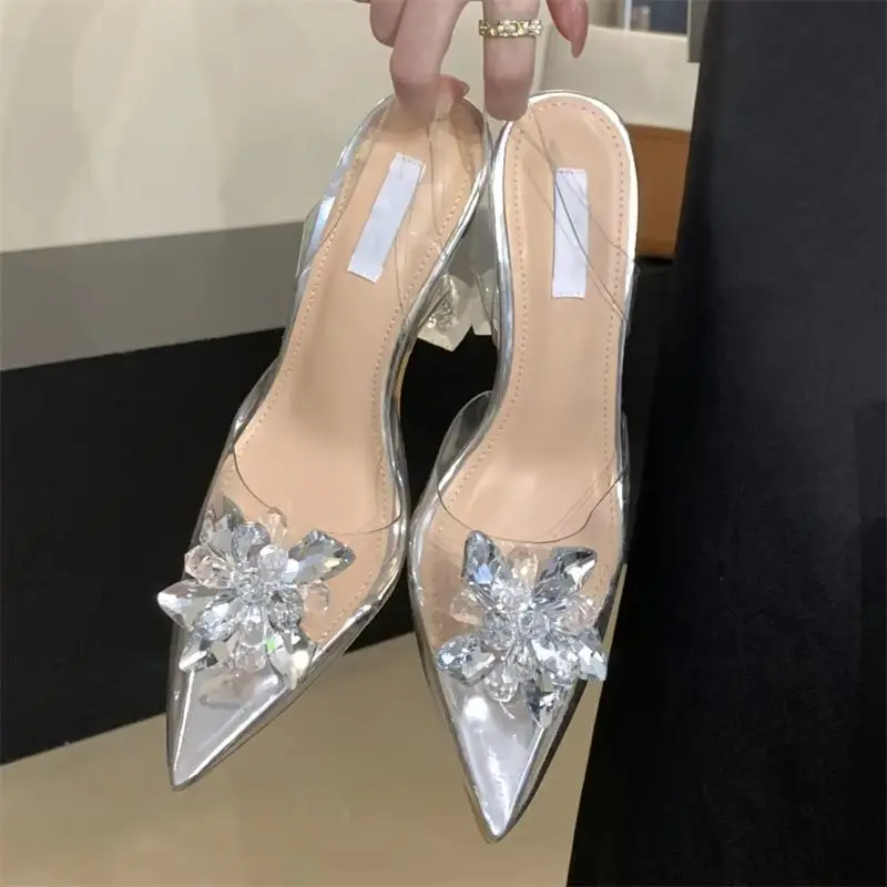 

Eilyken уличный стиль модные туфли-лодочки с острым носком и кристаллами женские прозрачные туфли из ПВХ с открытой пяткой банкетные женские туфли на высоком каблуке