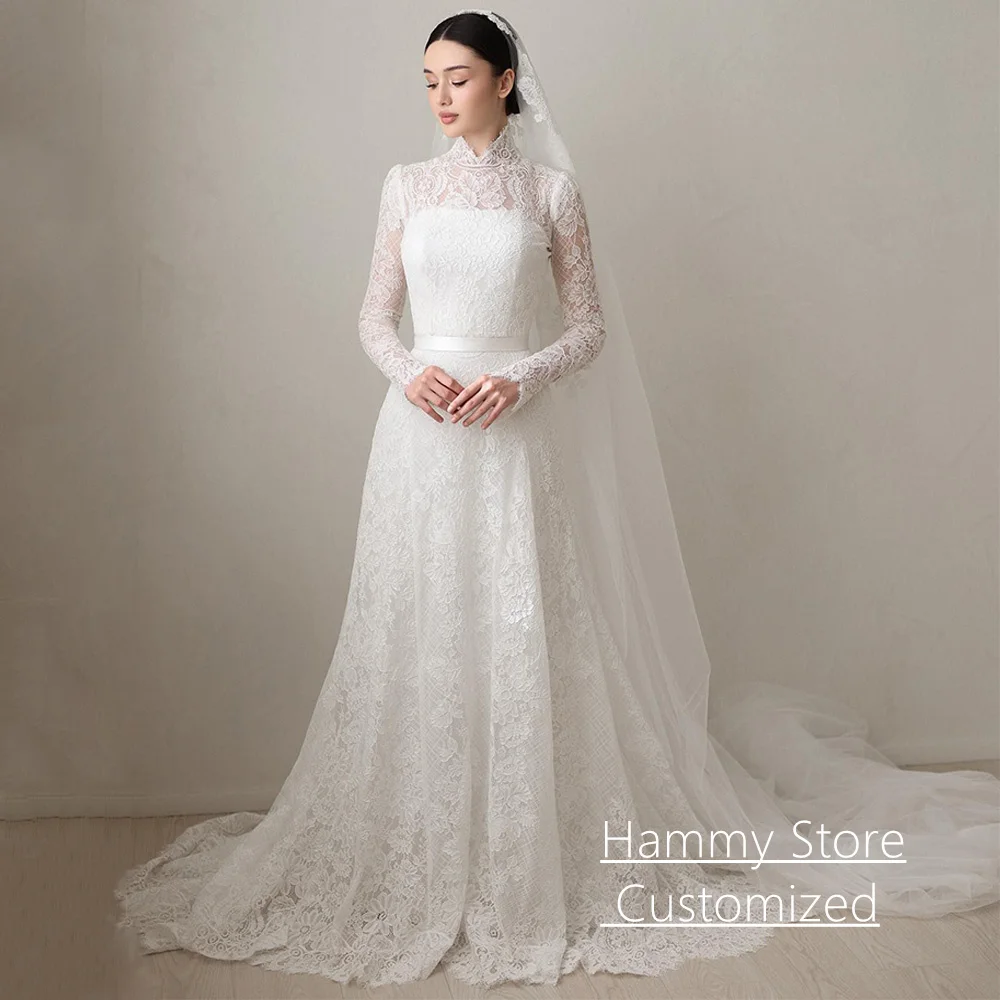 

Exquisite Lace Wedding Desses Vestido De Noiva Customized High Neck Long Sleeves Sweep Train A Line Saudi Arabic Bridal Gown