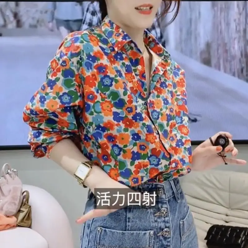 Women Clothes Casual Floral Turn-down Collar Long Sleeve Blouse Autumn All-match Buttons Cardigan Shirts Femme Korean Top Tee