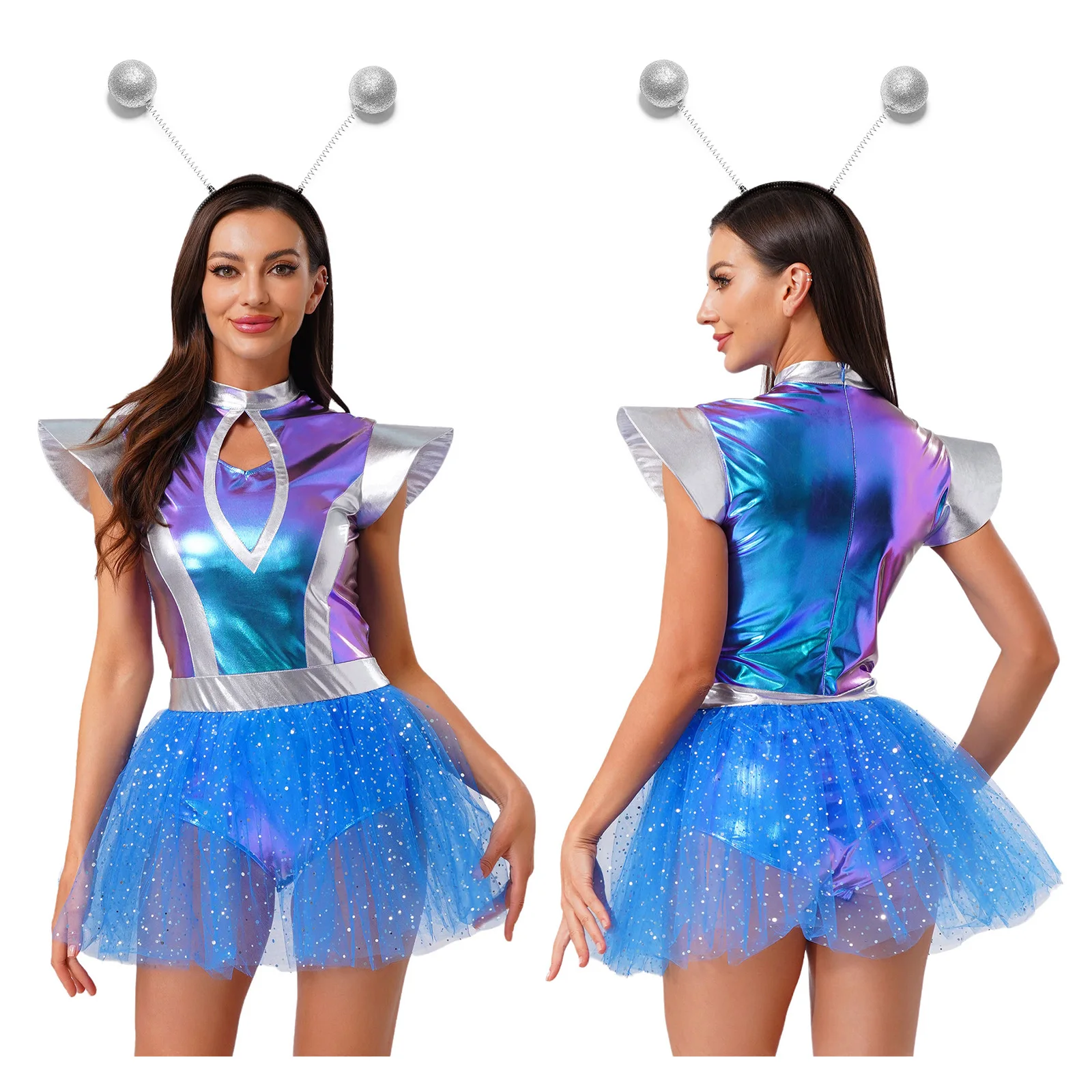 

Women Halloween Robot Alien Astronaut Outer Space Cosplay Shiny Tulle Hem Bodysuit Dress with Headwear for Themed Party Carnival