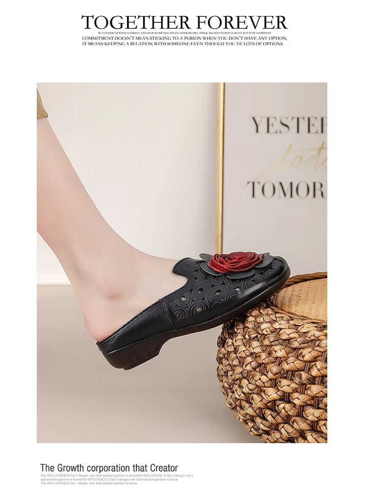 Neue große Blumen-Sandalen aus Rindsleder für Damen, Sommer-Mules mit Cut-Outs, niedrige Absätze, Retro-Luxus-Slipper-Sandalen, Slip-On-Schuhe für Damen – Detail 13