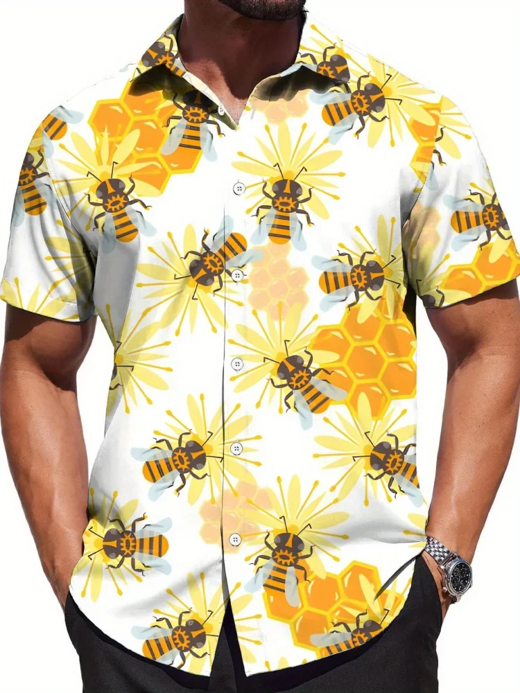 

Ретро-рубашка с гавайским принтом пчел для мужчин, повседневная, с коротким рукавом, забавная, для отпуска, уличная мода, с изображением пчел и меда