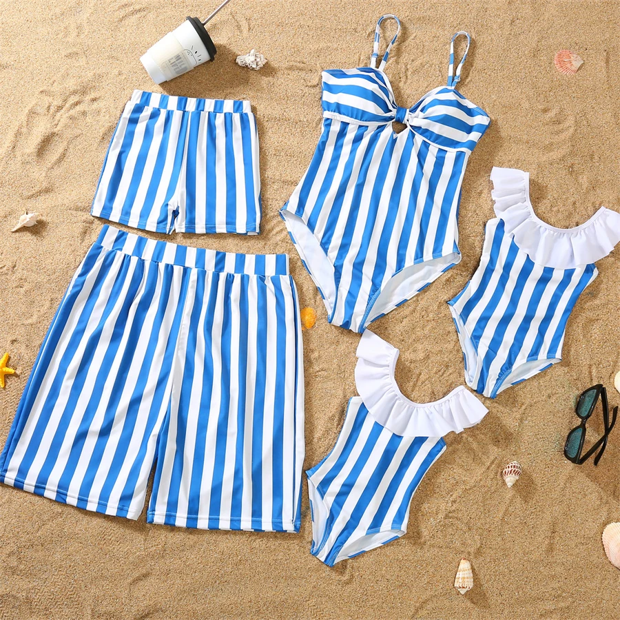 Striped Family Swimsuits One-Piece Mother Daughter Matching Swimwear Mommy and Me Bikini Dresses Clothes Father Son Swim Shorts