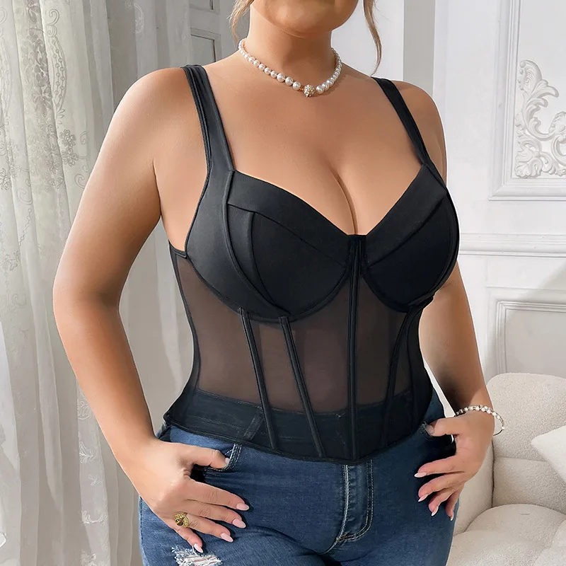 

Curvy Women Black Sheer Mesh Corset Top Underwire Bustier Sweetheart Neckline Camisole Sexy Slimming Spaghetti Strap Vest