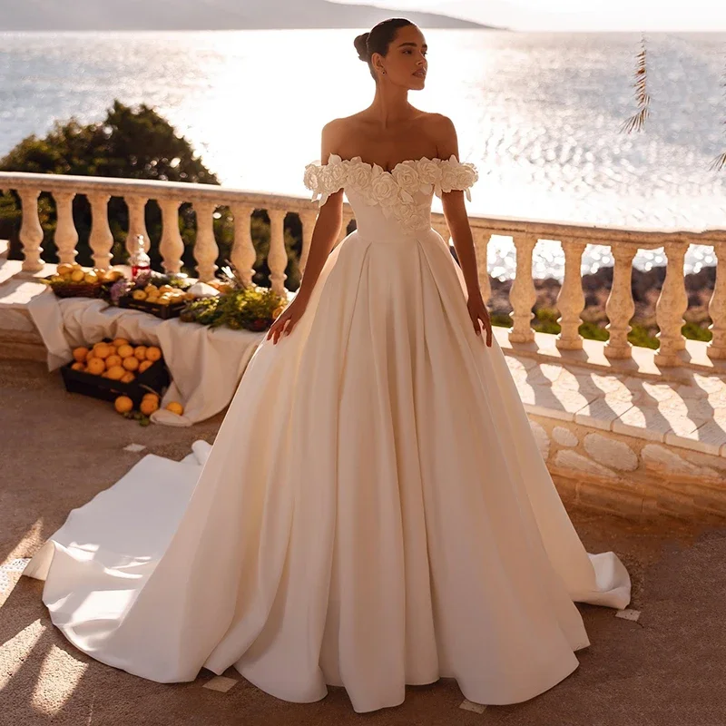 

Customized Eelgant A-Line Wedding Dresses Off The Shoulder Flower Lace Bridal Dress Formal Long Wedding Ball Prom Gowns