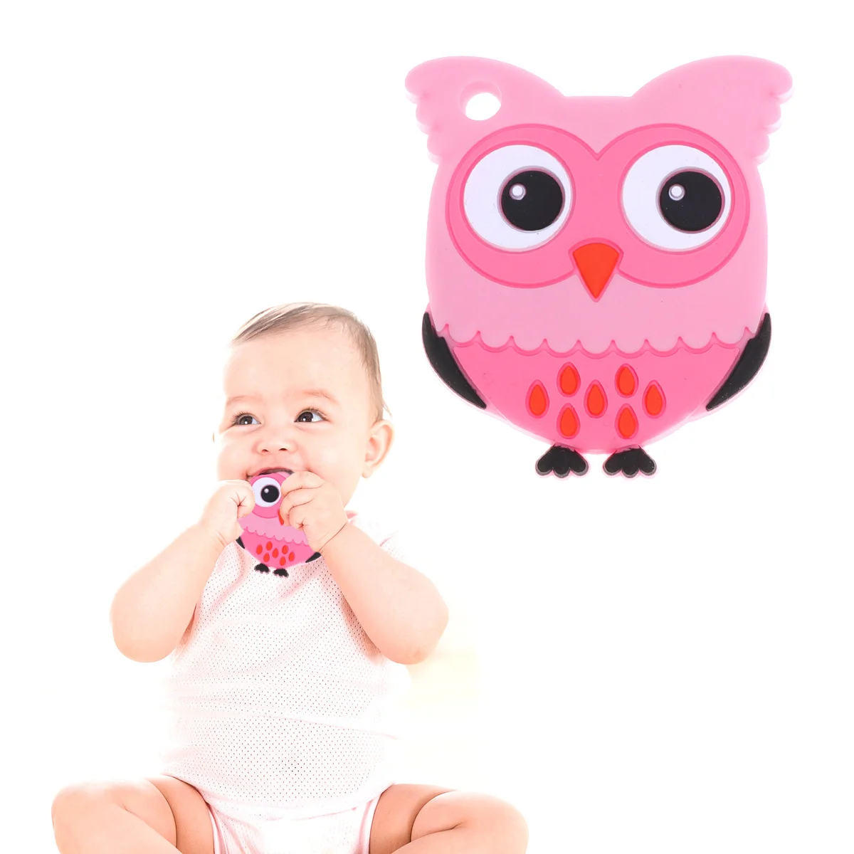 

Baby Teether Pink Silicone Animal Owl Shape Chewing Educational Playthings Safe Durable Soft for Infant Visual Development