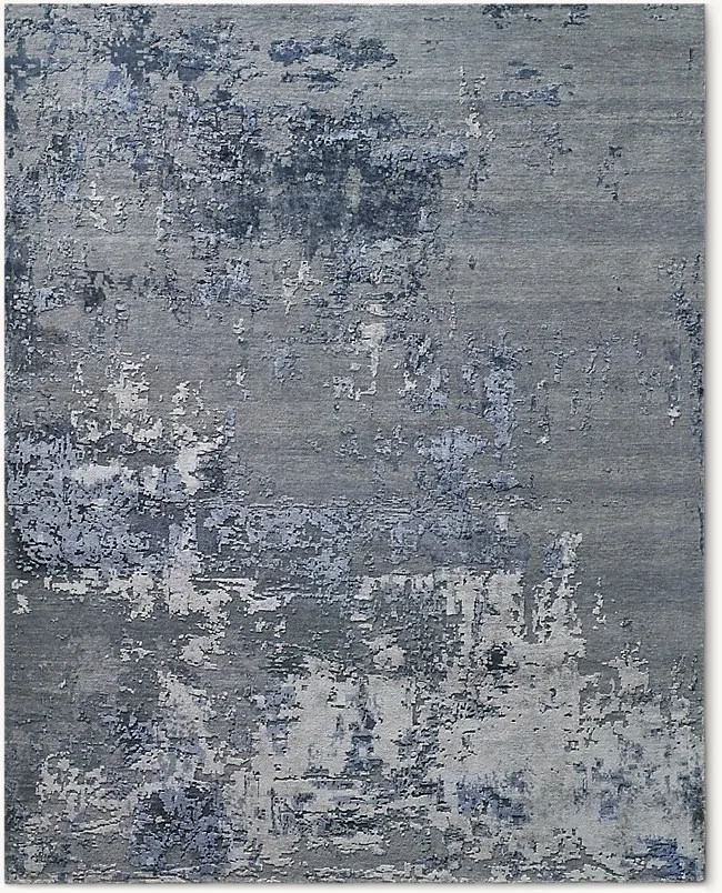 ！@Blue Color Modern Abstract Wool and Viscose High Pile Cushioned Carpet Hand Tufted Texture Neutral Tone Living Room Rug