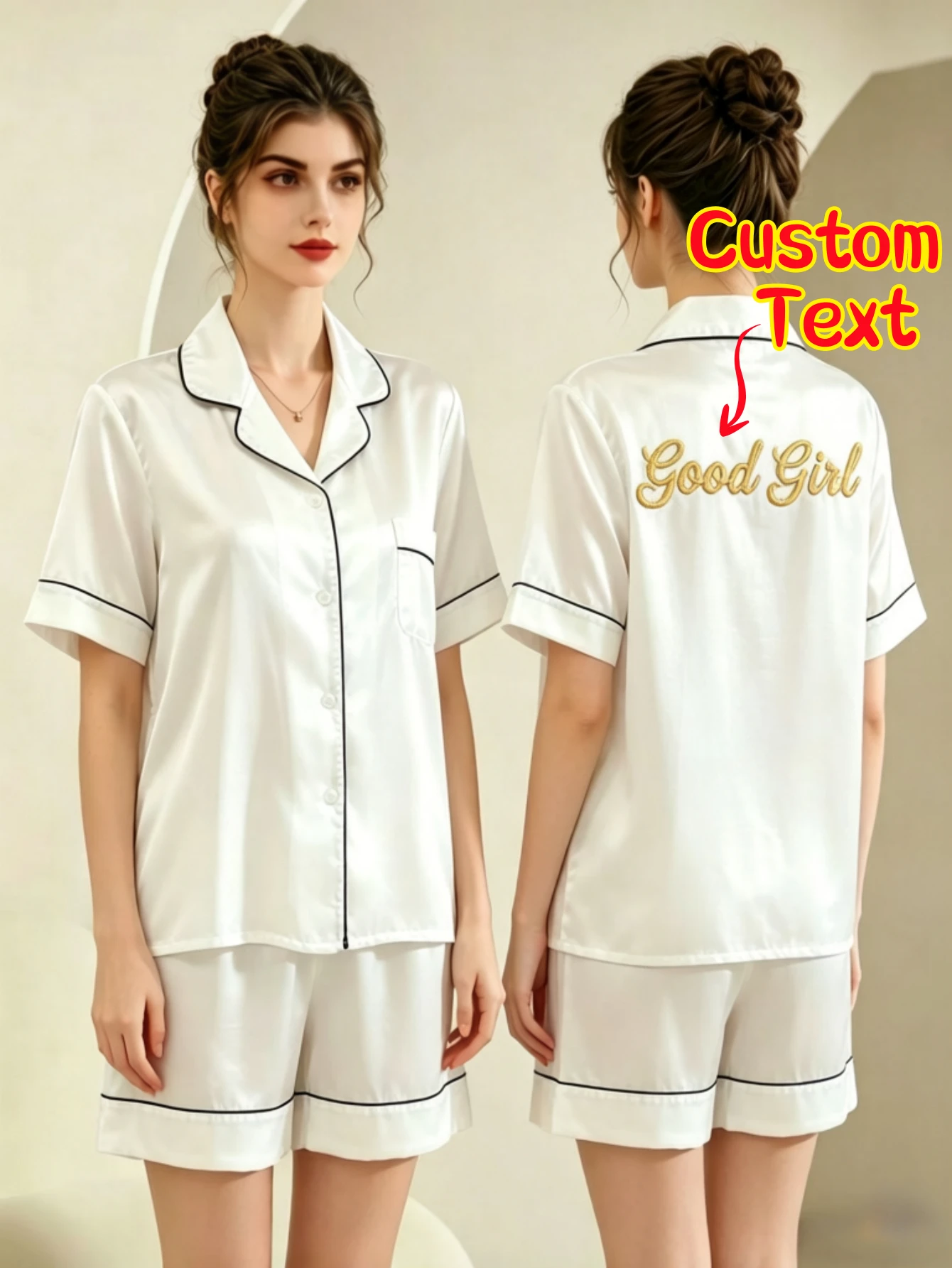 Custom Embroidered Name Satin 2 Piece Pajama Set Personalized Name Short Sleeve Top & Shorts Pajama Set Bridal Party Favor Gift