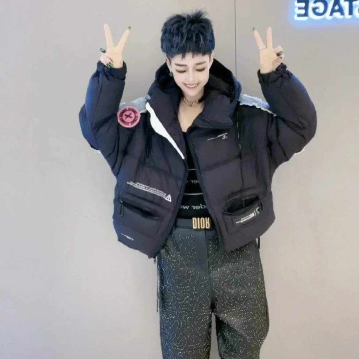 Women's Winter New Arrivals Denim Patchwork Down Jacket Short Coat Hooded Contrasting Colours Patchwork Unique Down Jacket Women