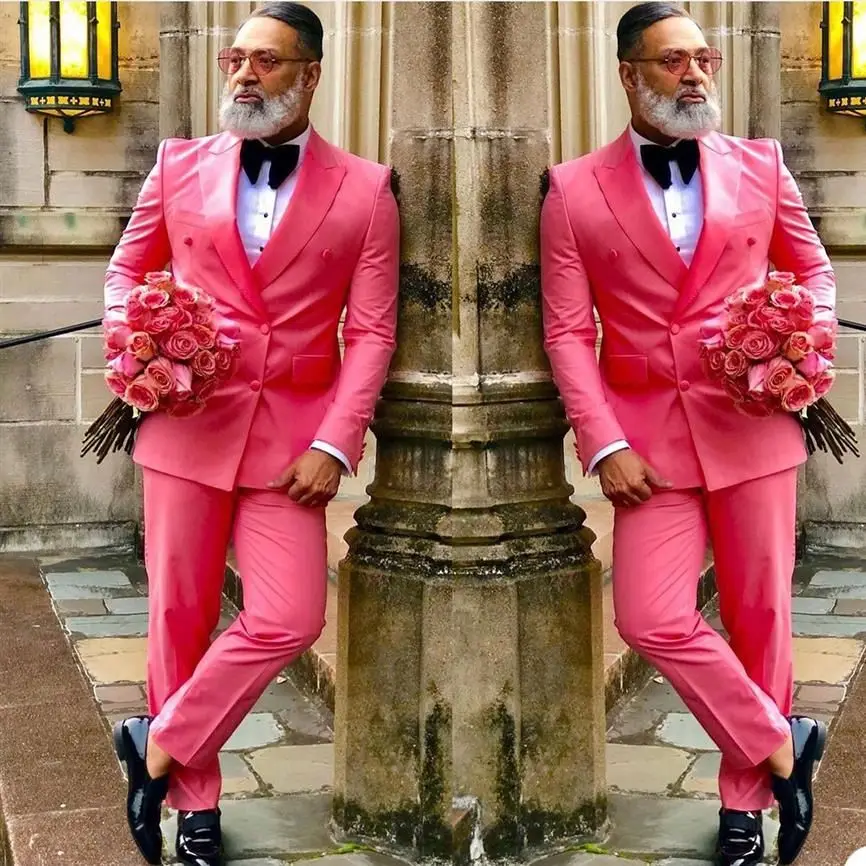 

Pink Men Suit 2 Pieces Business Blazer Pants Double Breasted Peaked Lapel Modern Wedding Groom Formal Work Party Causal Tailored