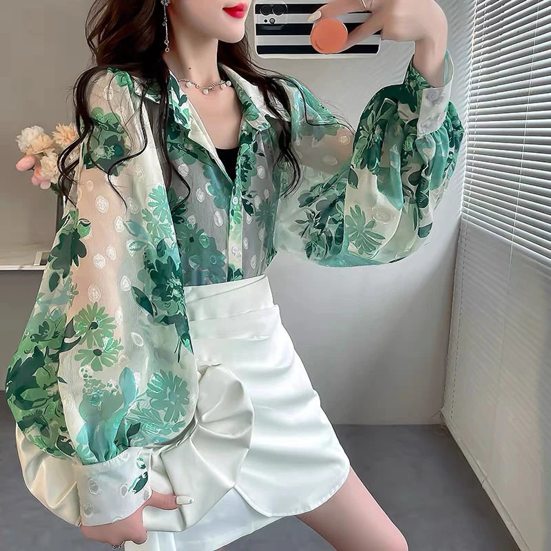 French Fashion Ladies Printing Chiffon Shirts Blouses Women Tops Female Woman Button Up Shirt Girls Long Sleeve Blouse PAX90251