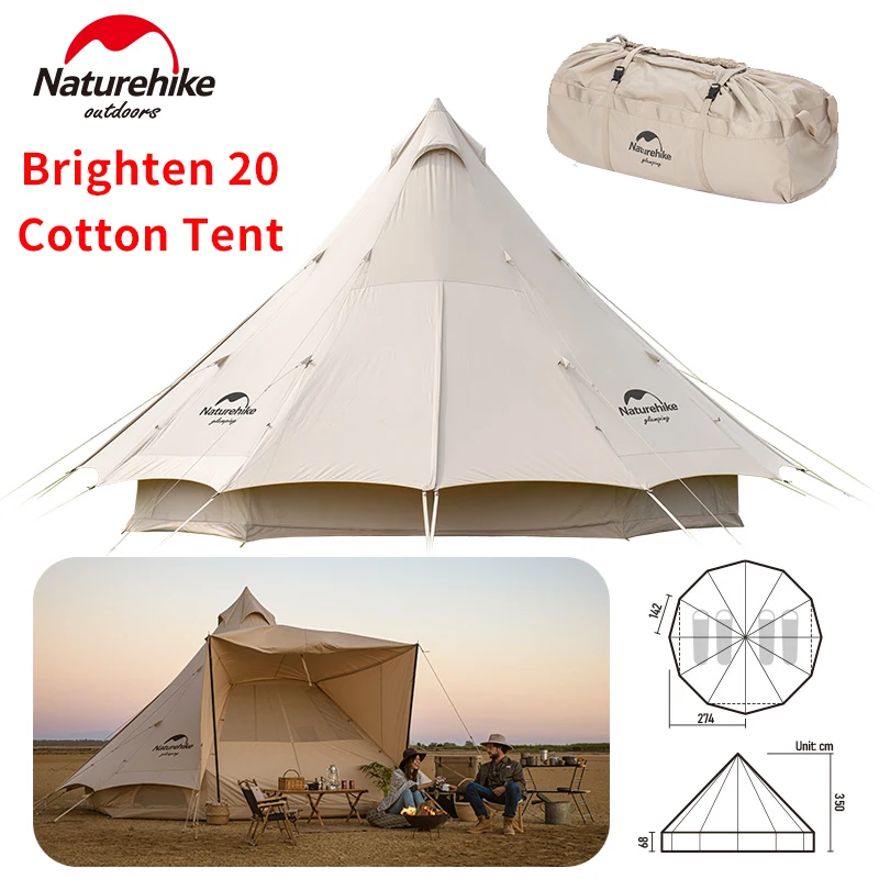 Naturehike Brighten 20 Pyramid Cotton Tent Outdoor Family Travel House Luxury Camping Tent With Sun Shelter A-type Mongolia Tent