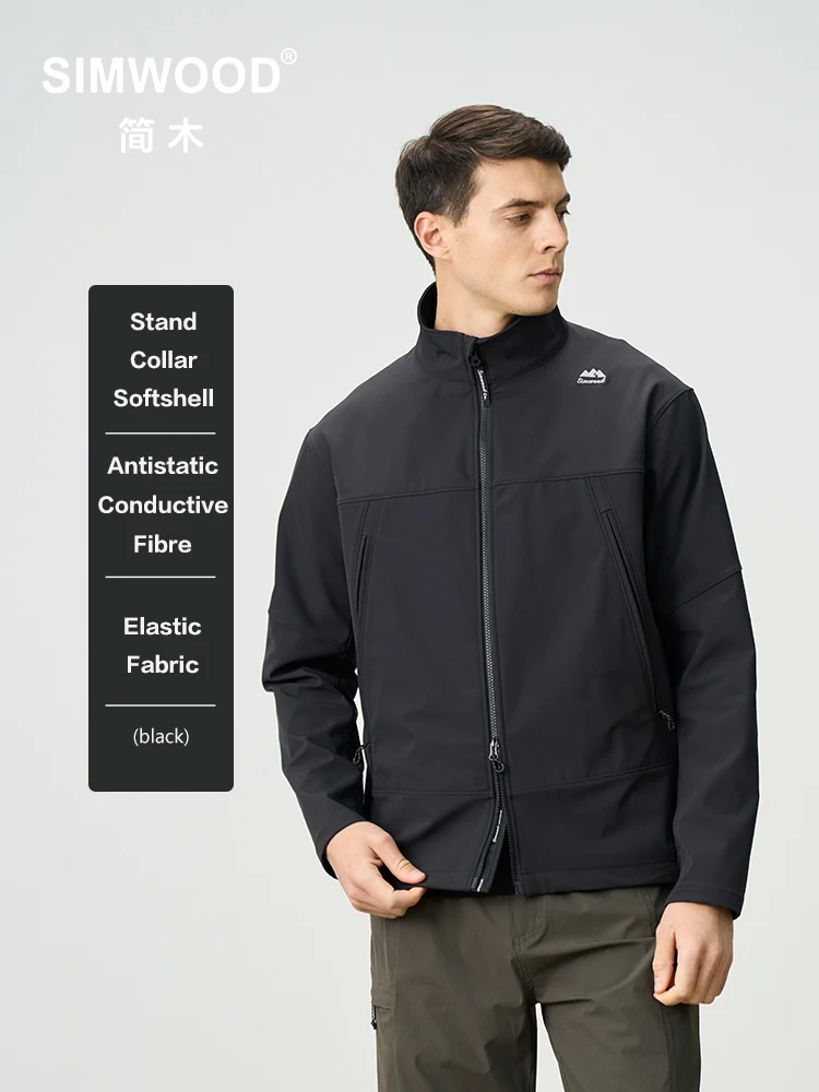 SIMWOOD 2025 Spring New Oversize Light Outdoor Jackets Men Softshell Antistatic Conductive Fibre Fabric Stand-up Collar Jacket