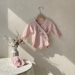 2025 Spring New Baby Long Sleeve Knitted Bodysuit Infant Girl Hollow Out Flower Embroidery Jumpsuit + Hat Newborn Clothes 0-24M