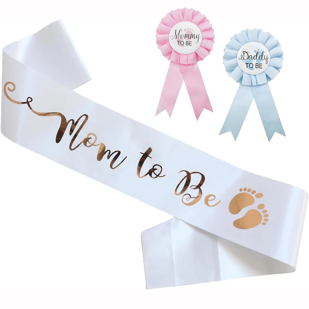 Mom To Be Satin Sash and Daddy/Mommy To Be Tinplate Badge Pin Set Best Baby Shower Decor Celebration Gender Reveal Party Favor