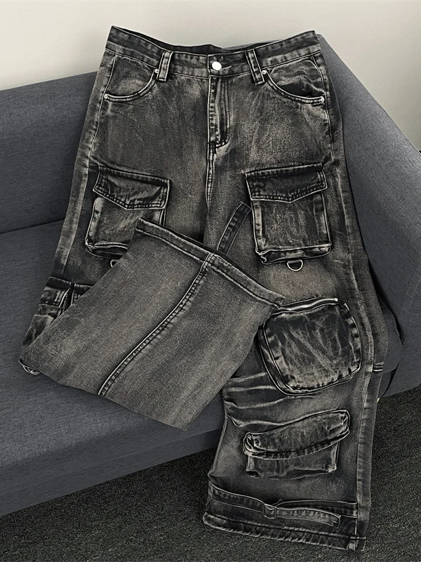 

Retro High Street Hiphop Multi ket Men's Jeans Loose Workwear American Heavy Wa Wide Leg Dra Long Trousers