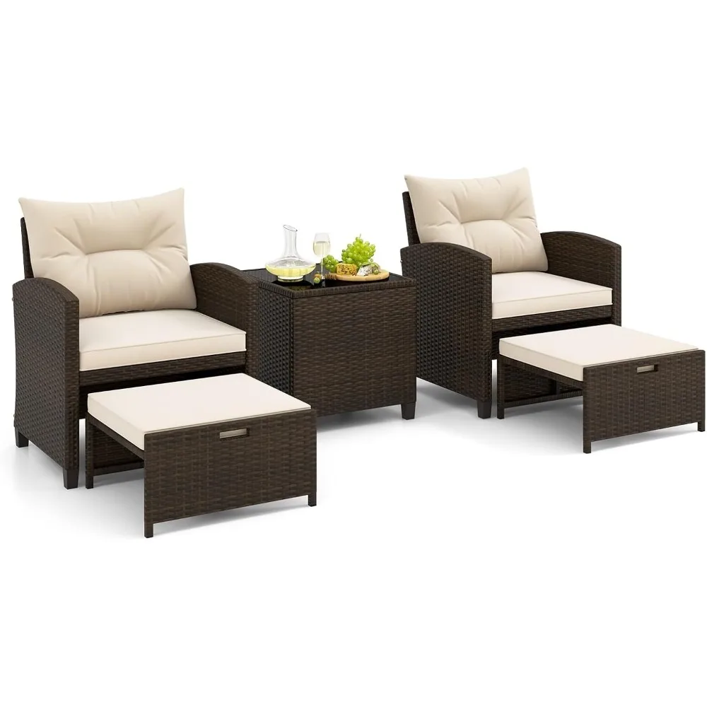 

5-Piece Patio Furniture Set - Rattan Wicker Chairs w/Ottomans Footstools, Soft Cushions, Glass Coffee Table, Outdoor Bistro Con