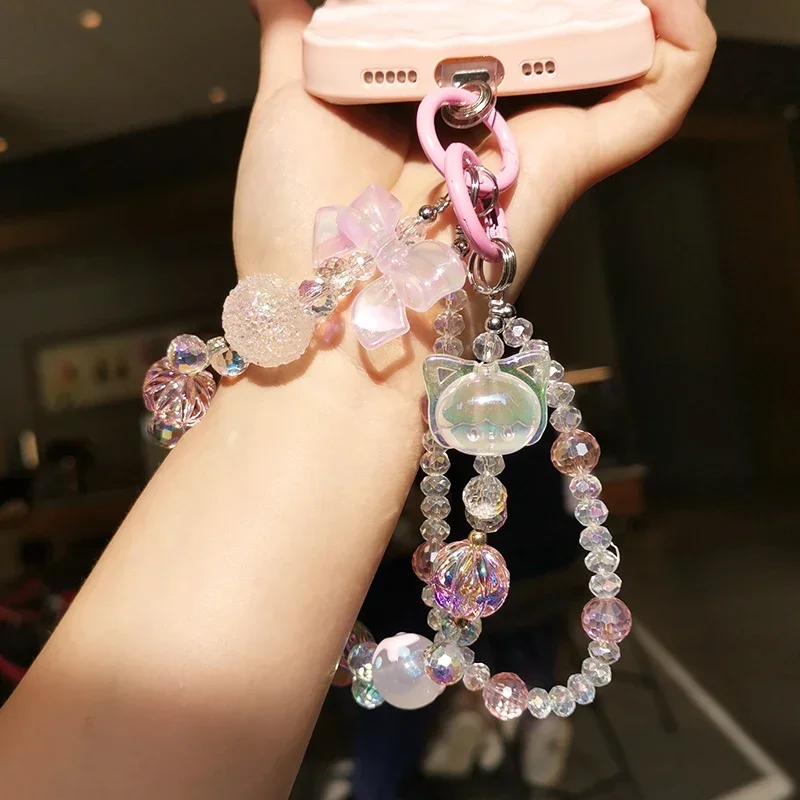 Short Crystal Beads Little Girl Wrist Hanging Chain Mobile Phone Lanyard Clip Style Double Chain Phone Case Anti Loss Lanyard