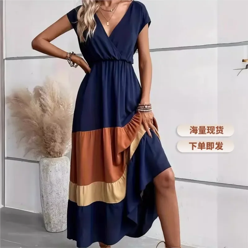 

Formal Occasion Dresses V-neck Belted Contrast Striped Hem Elegant Dress Womens Summer New Bohemian Resort Style Versatile Dress