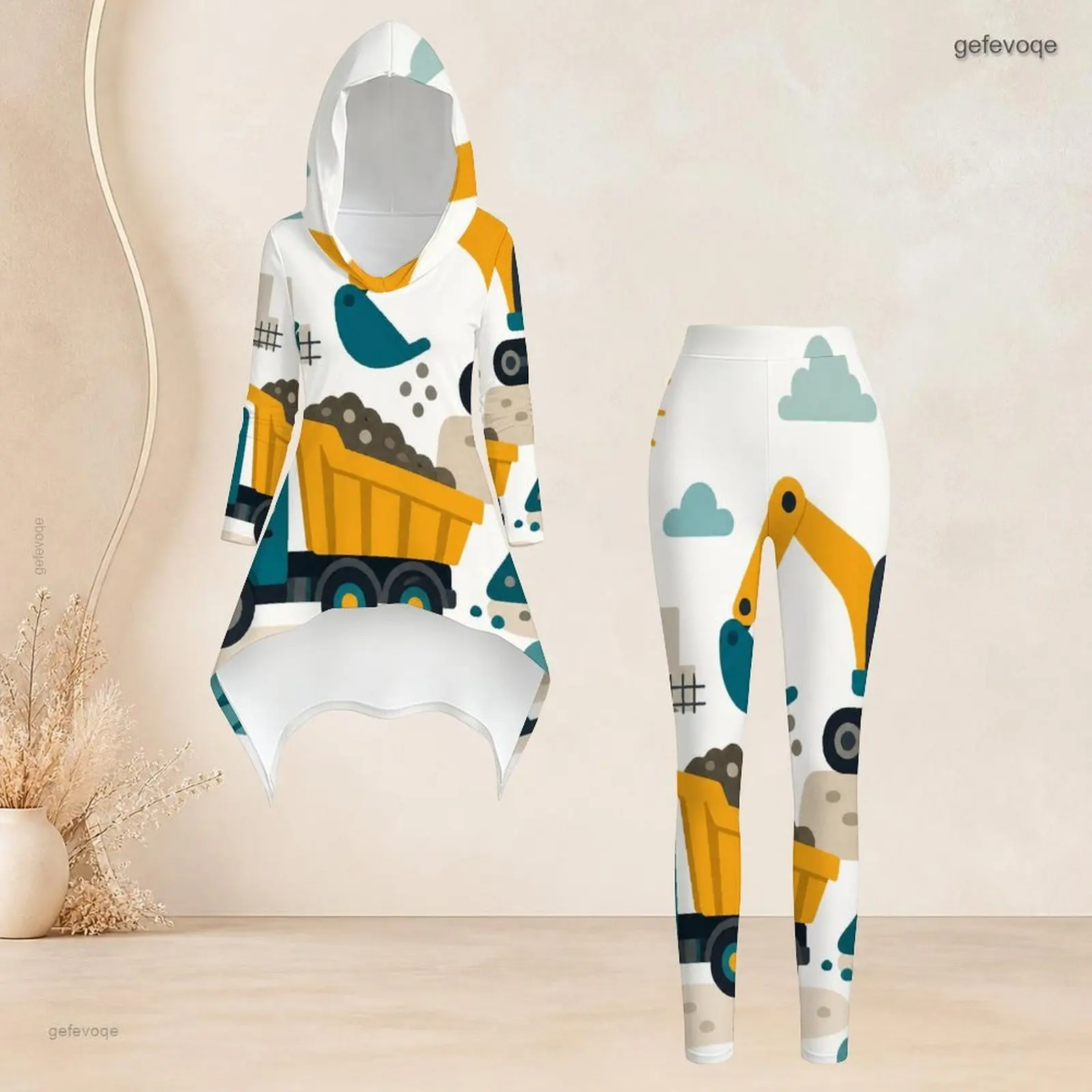 Fashion Women Casual 2 Piece Set Hooded Long Sleeve Hi Lo Asymmetrical Tunic Top Matching High Waist Slim Leggings T Daily Suit - view 3