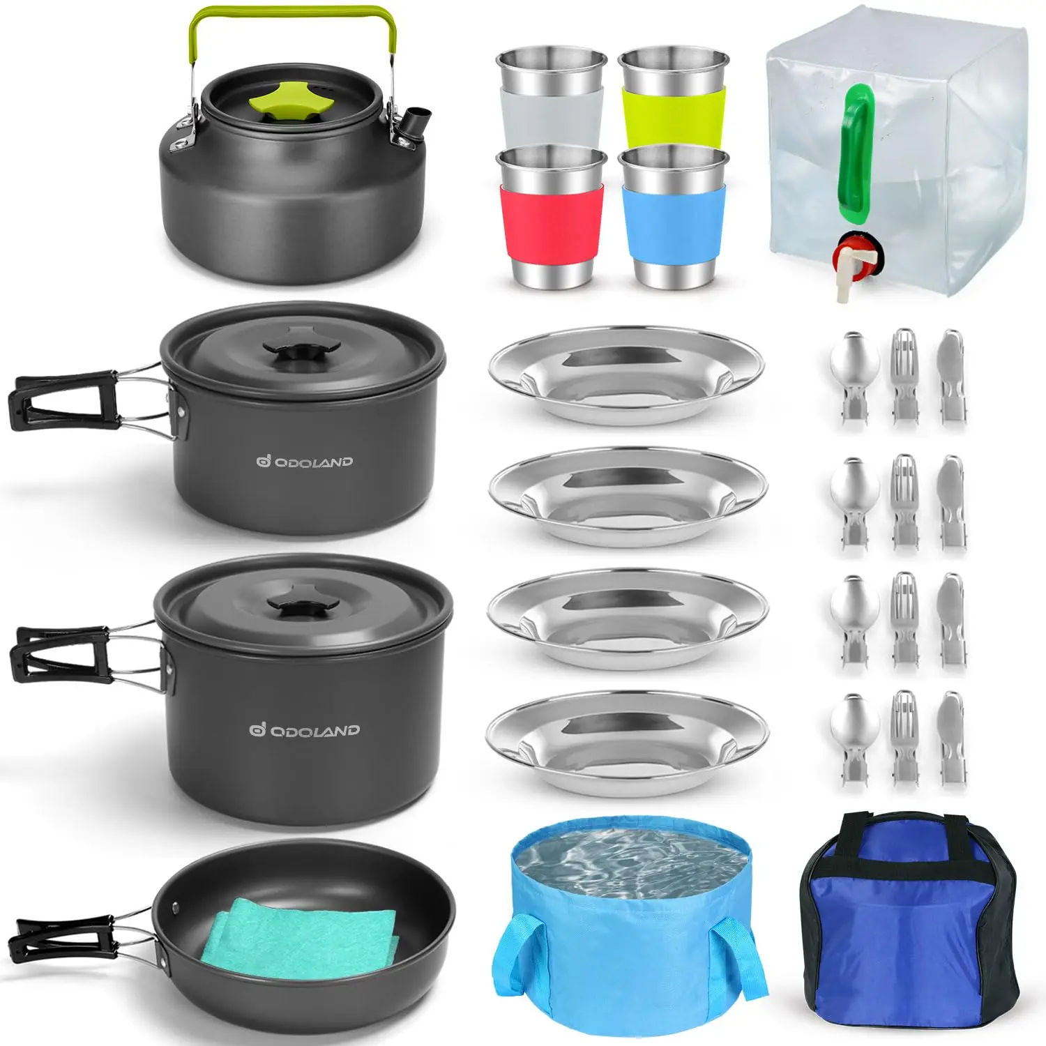 

29pcs Camping Cookware Mess Kit, Non-Stick Lightweight Pots Pan Kettle, Collapsible Water Container and Bucket,Plates Forks