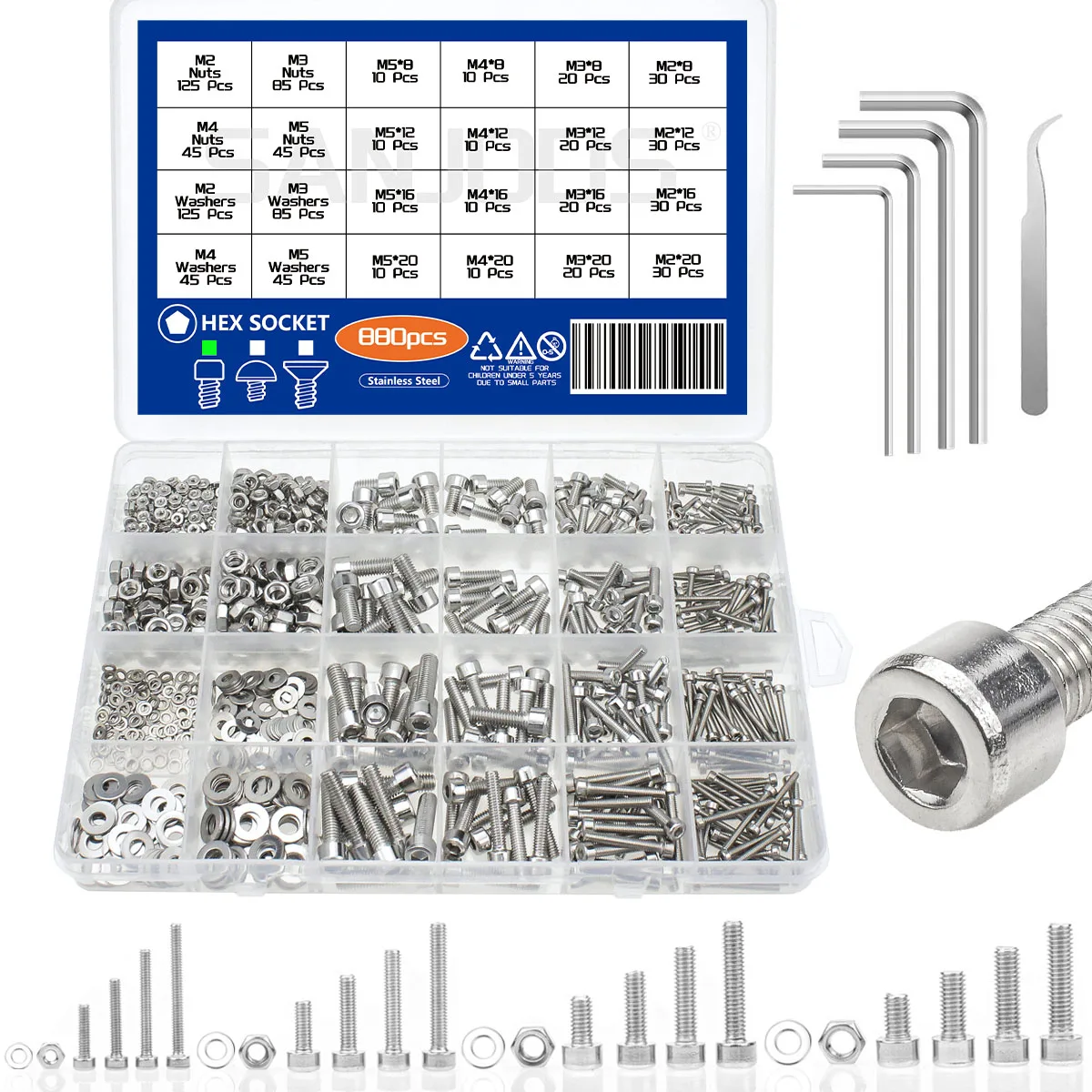 880Pcs Hexagon Hex Socket Head Cap Screw Set M2 M3 M4 M5 304 Stainless Steel Flat Button Cap Head & Nuts & Washer Assortment Kit