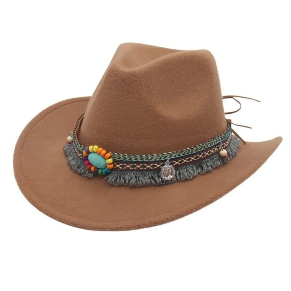Vintage Woolen Western Cowboy Hat with Tassels Big-edge Party Cosplay Hat Roll Brim Ethnic Style Cowgirl Jazz Hat Cycling Caps