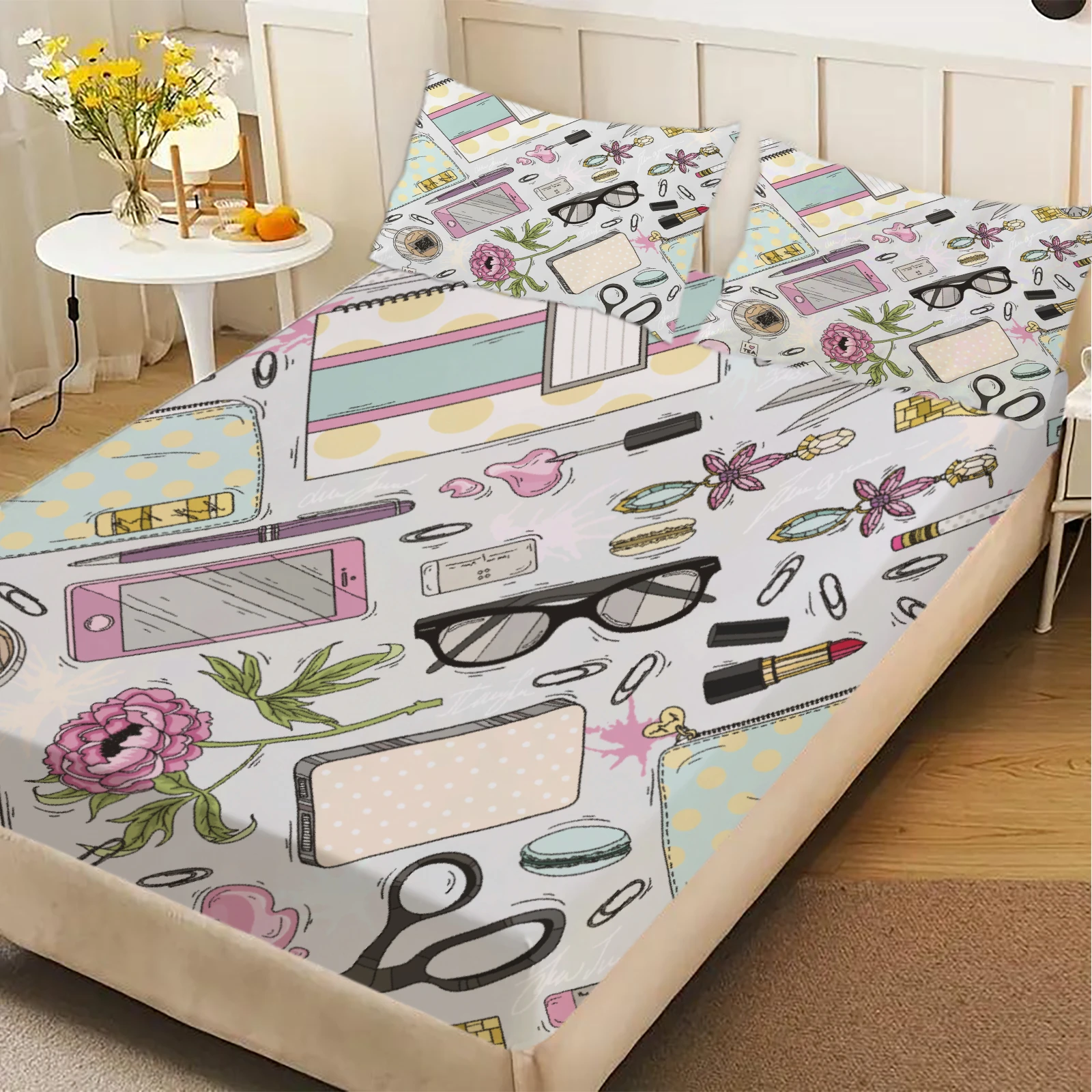 3pcs Soft Pink Fitted Sheet Set Gifts For Girls Beauty Tools And Flowers Pattern Printed Polyester Flat Sheet With 2 Pillowcases