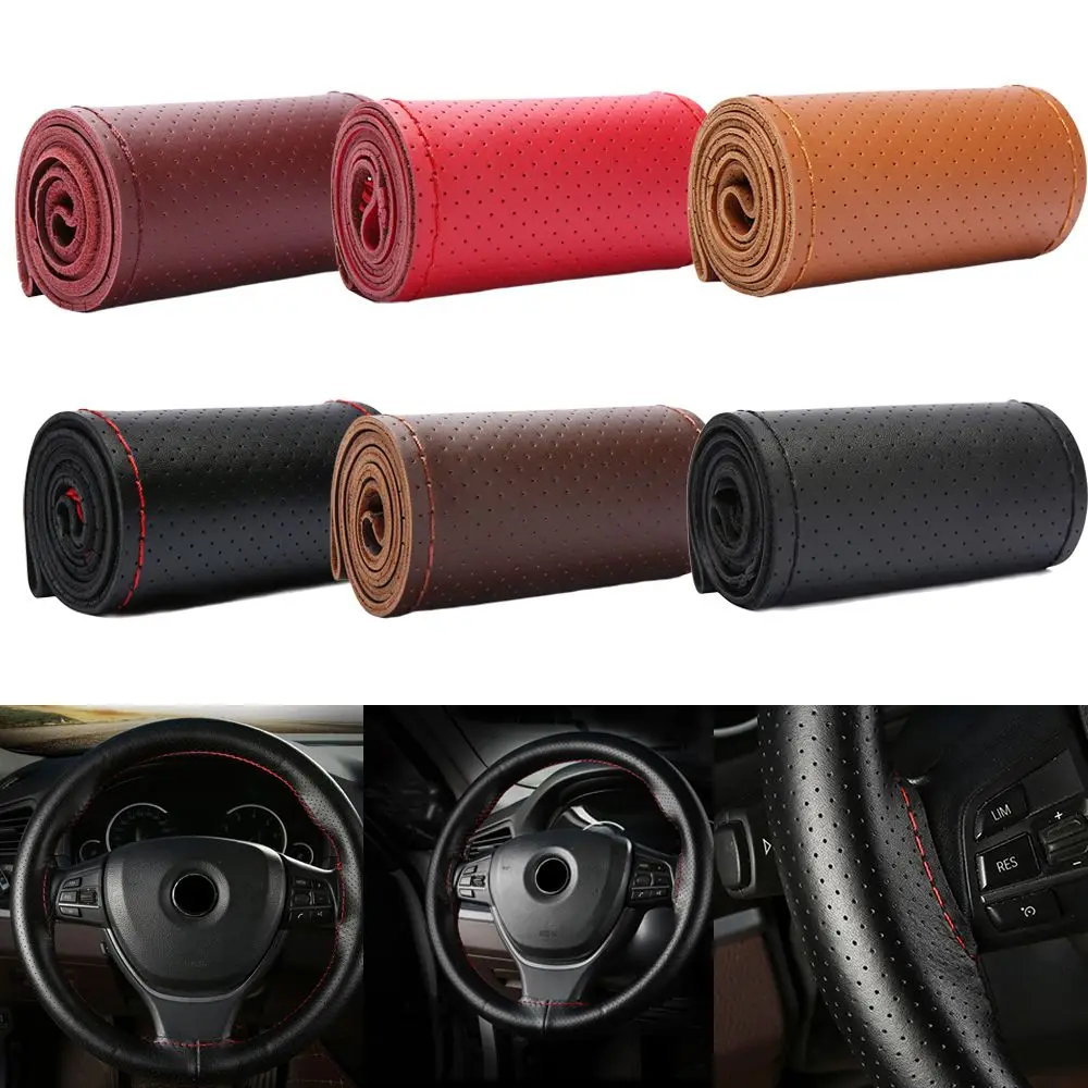Genuine Leather Car Steering Wheel Cover 38cm Cowhide Braid Auto Steering Wheel Cover With Needles Thread Anti slip