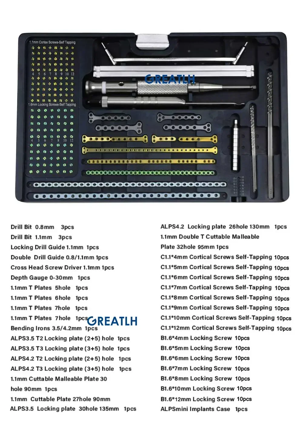 GREATLH ALPS Locking Plate Instrument Kit Mini Titanium Locking Plate System 1.1 1.6mm Orthopedic Instrument pet