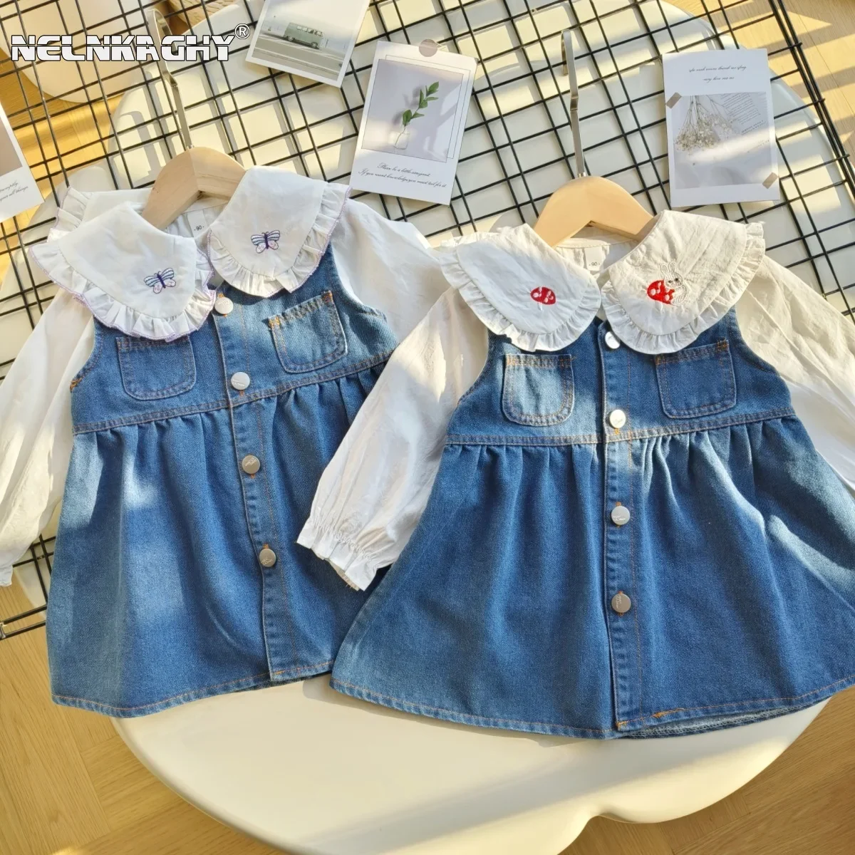 

2024 autumn spring new in kids baby girls clothing set 2pcs - children peter pan collar top shirts + denim sleeveless dress