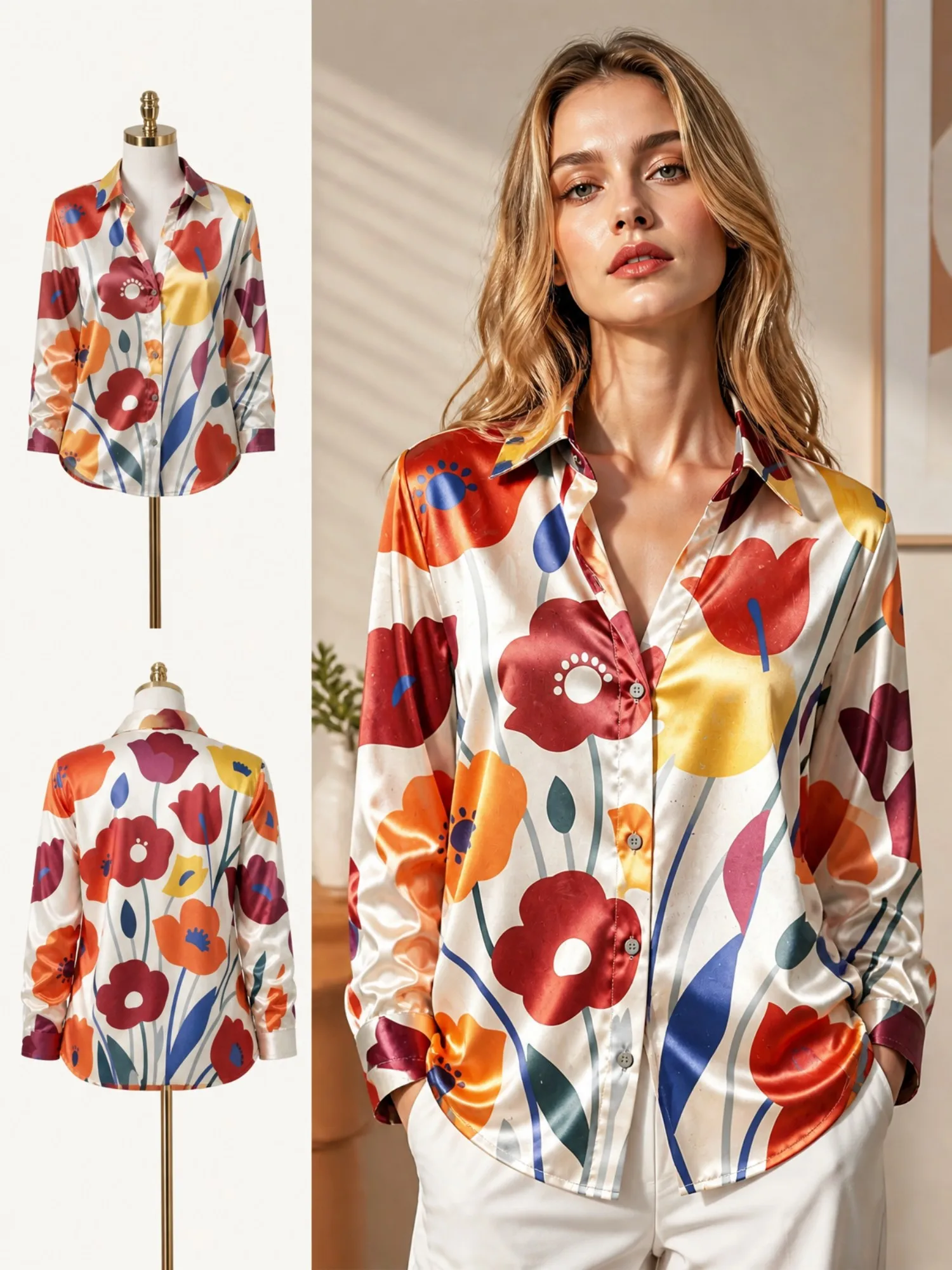 Cream Red Orange Floral Satin Blouse for Women Long Sleeve Button Down Shirt Bold Garden Print Elegant Silky Top