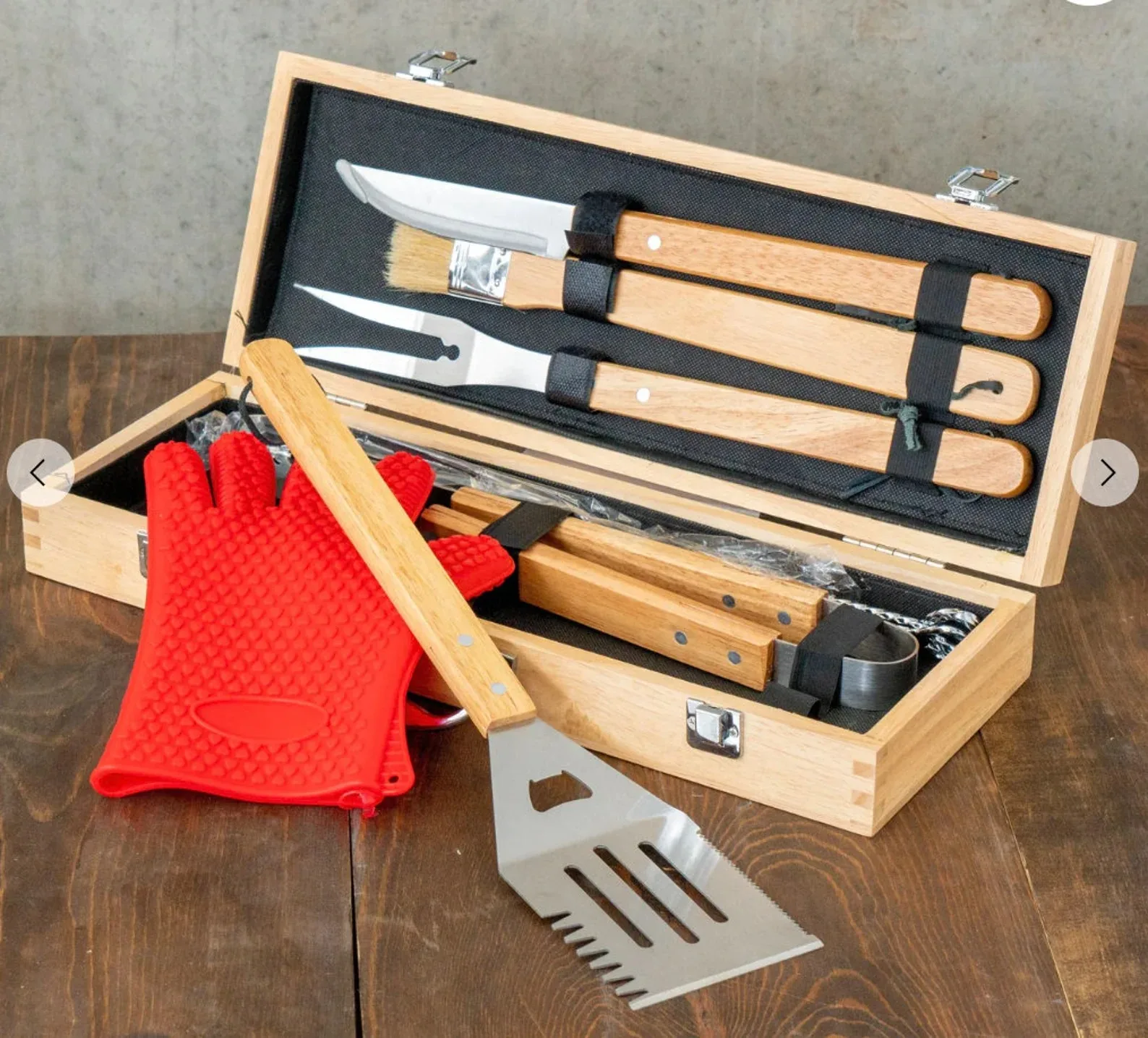 Pack of 6 Wood Stainless Steel BBQ Grill Set with Bamboo Gift Box BBQ Sticks and Anti-Heat Glove Christmas Gift for Dad,Husband