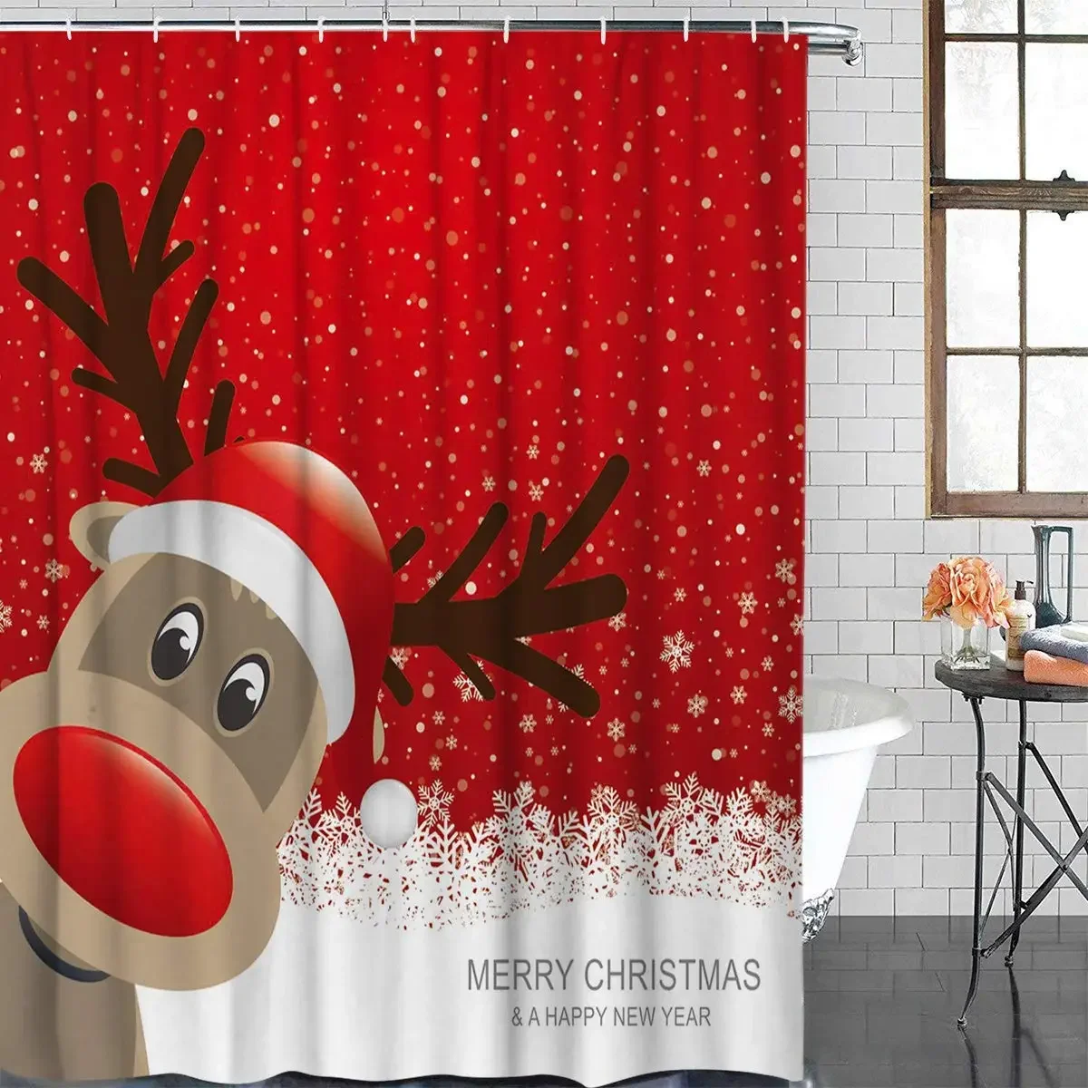 Polyester Bathroom Standard Christmas Reindeer Happy New Year Curtains Set with Hooks