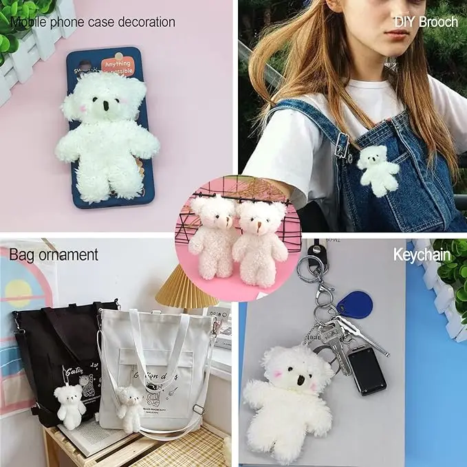 12pcs Mini White Bears Plush Doll Tiny Soft Stuffed little Bear Keychain Mini Plush Bears Bulk Girl Bag Pendant Birthday Gifts