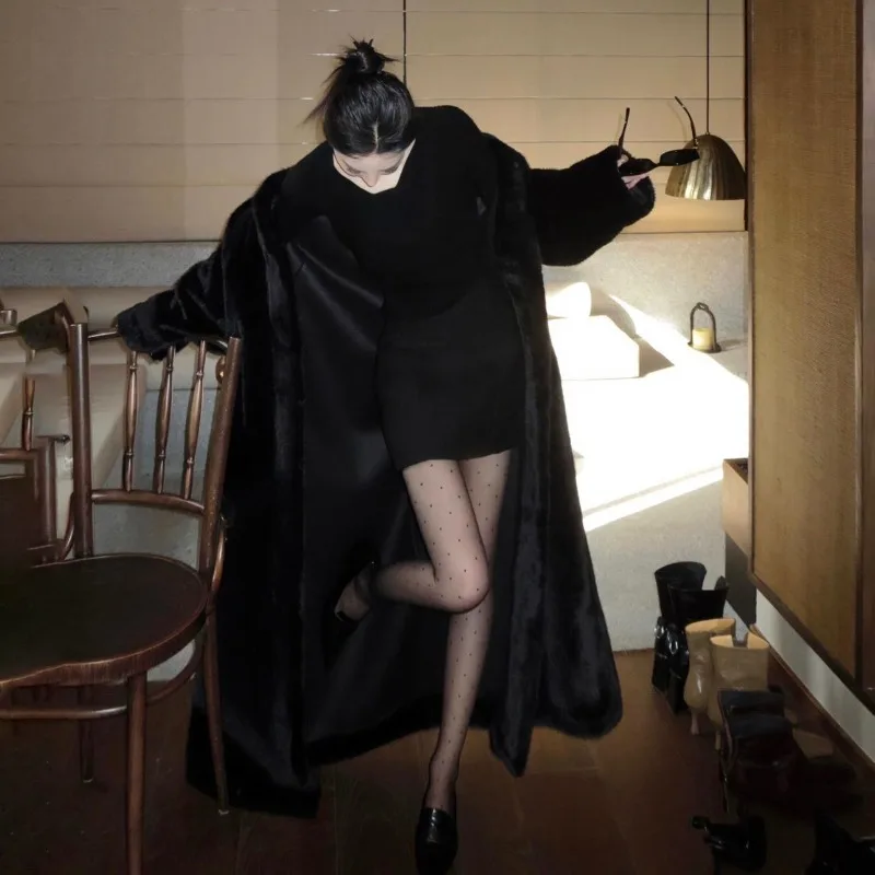 Fourrure intégrée Imitation vison polaire manteau de fourrure écologique femmes longue sur le genou col montant ample manteau de vison en peluche WLF