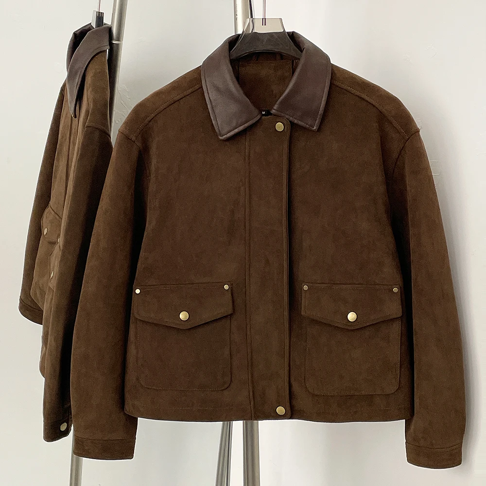 

OFTBUY Suede Jacket Artificial Female Spring Autumn Faux Leather jacket Women Fashion Short PU Fake Leather Coat Lady Pockets