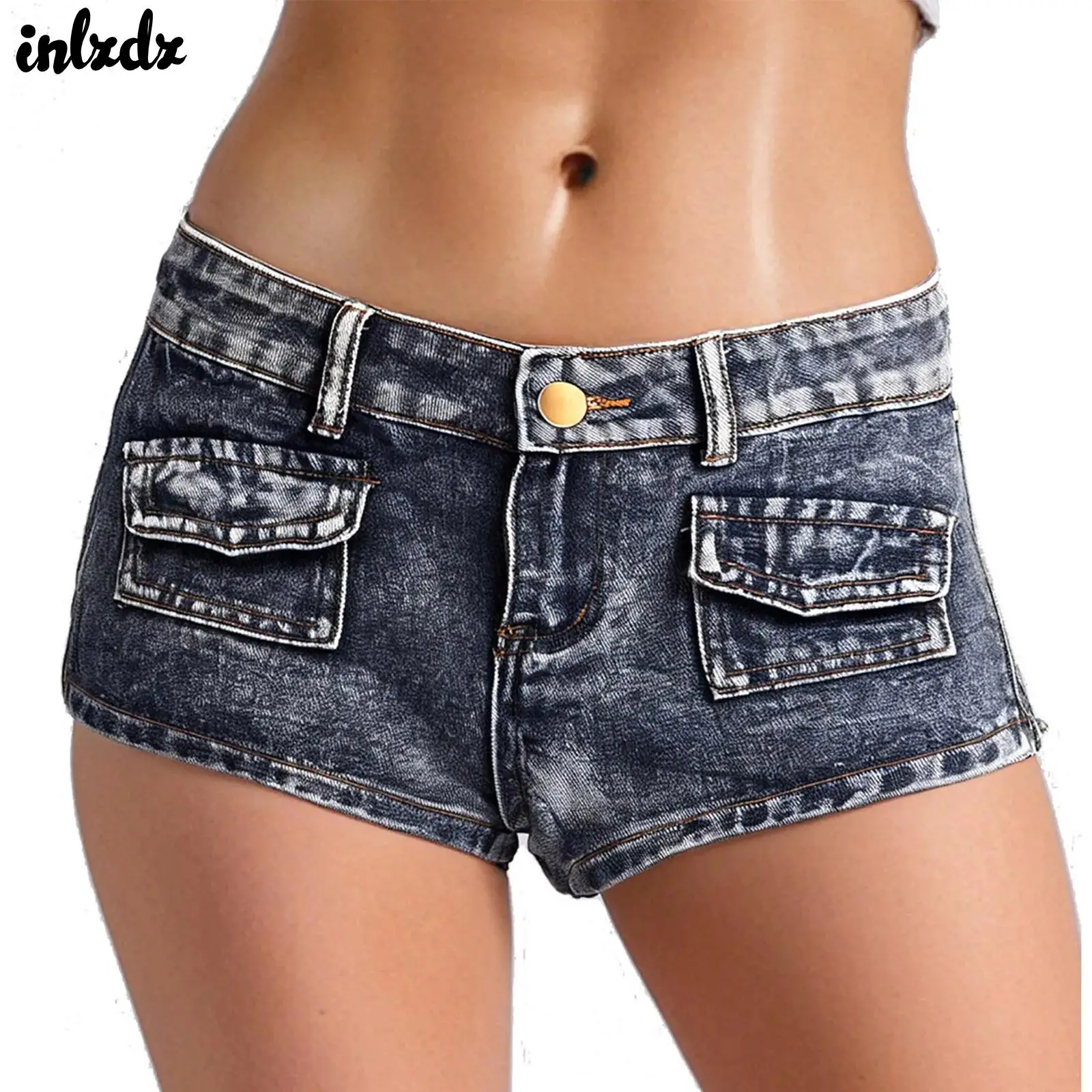 Womens Denim Vintage Mini Shorts Low Waist Rivets Steampunk Hot Pants Ripped Retro Shorts Rave Party Night Club Wear Costume