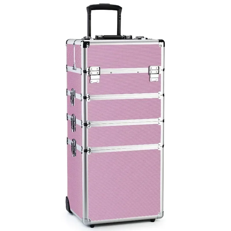 

Makeup Train Case 4 in 1 Professional Cosmetics Rolling Organizer Aluminum Frame and Folding Trays Pink