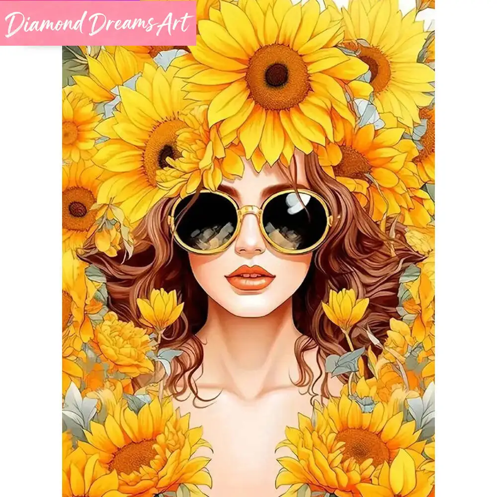 5D DIY Diamant-Stickerei Frauenporträt Mosaik Acryl-Bastelbedarf Diamantmalerei Sonnenblume Kindergeschenk, Rahmenlos